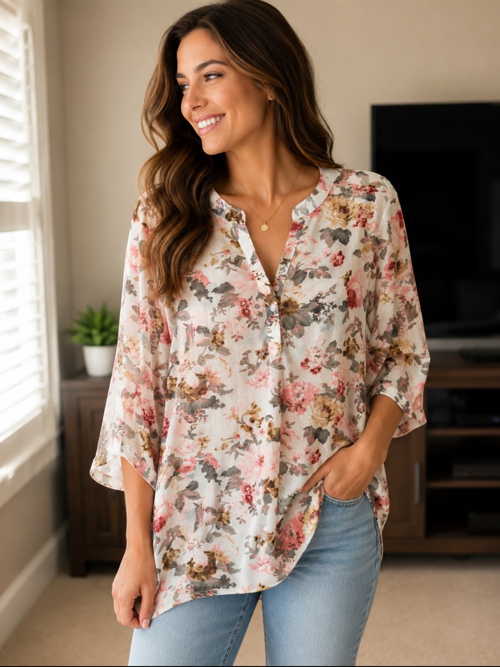 SirenLily Floral Blouse in Cream with Pink & Gray Flowers